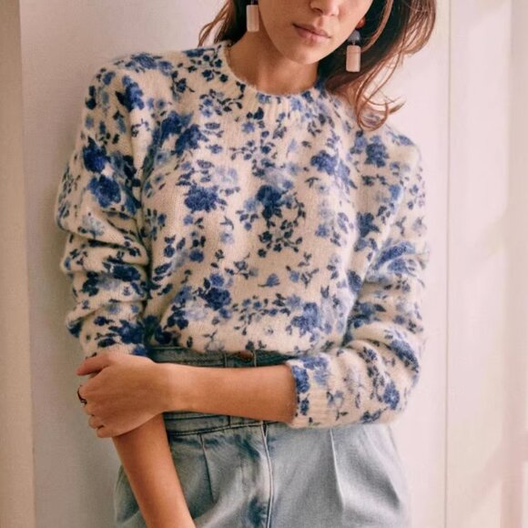 Sezane Sweaters - BEST Sezane Amaya Jumper Peonies Blue Ecru Ivory Floral Sweater Kid Mohair Frenc